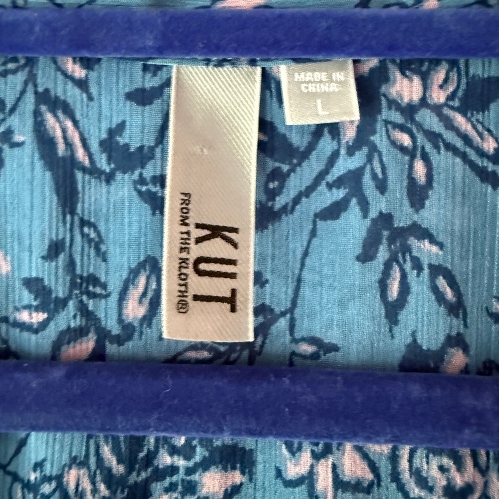 KUT from the Kloth‎ Blue Floral Button Front Roll Tab Sleeve Blouse Top Size L - Picture 2 of 7
